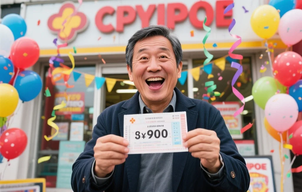 一位中年人站在彩票店门前，手持中奖彩票，脸上露出难以置信的笑容，背景是庆祝的气球和彩带