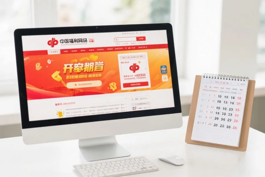 电脑屏幕上显示着中国福利彩票官方网站页面,旁边是一份记有开奖日期和中奖号码的笔记本,桌面整洁明亮